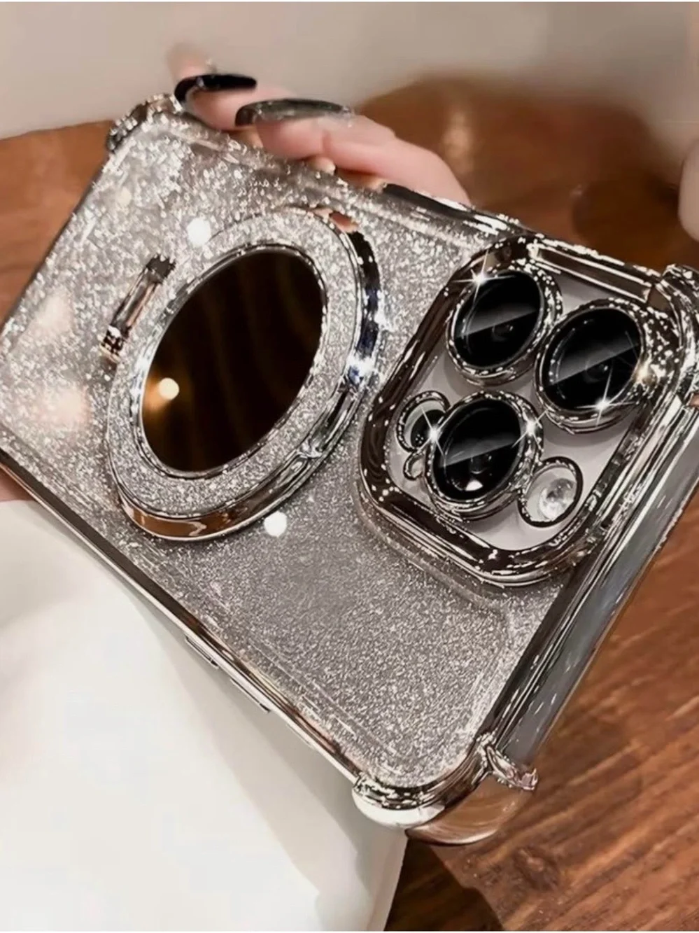 Glitter Mirror Ring Silver Phone Case for Women